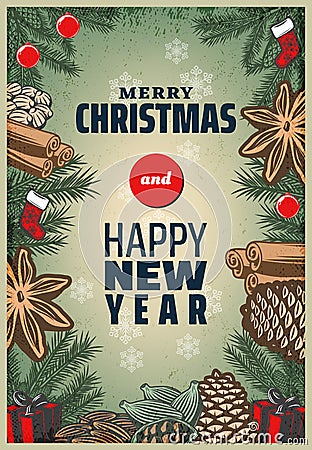 Vintage Colored Christmas Spices Poster Vector Illustration