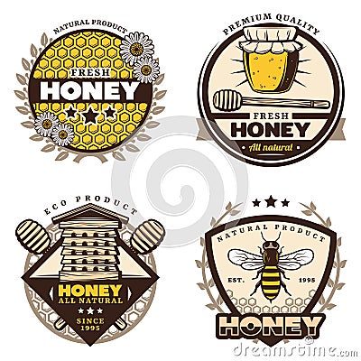 Vintage Colored Honey Emblems Set Vector Illustration