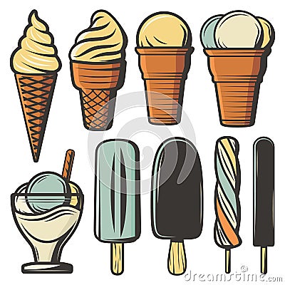 Vintage Colored Ice Creams Set Vector Illustration