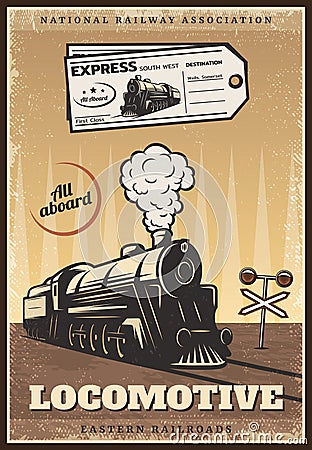 Vintage Colored Industrial Retro Train Poster Vector Illustration
