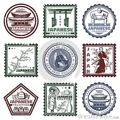 Vintage Colored Japan Stamps Set Vector Illustration