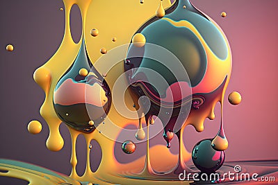 Vintage colored liquid waves, drops and bubbles illustration. Abstract fluid art background. Generated AI Cartoon Illustration