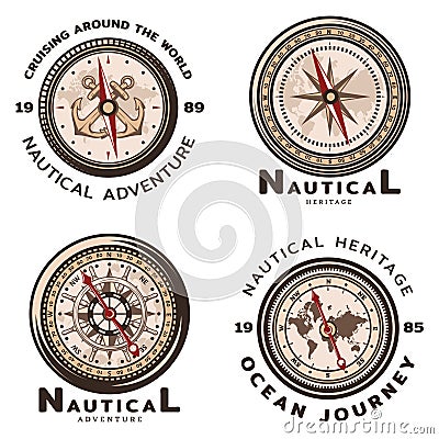 Vintage Colored Nautical Round Emblems Set Vector Illustration