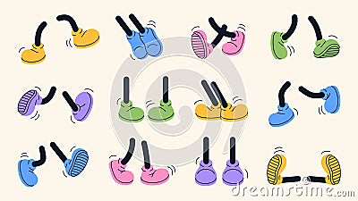 Vintage colored retro feet and boot vector collection. Comic retro feet in different poses, leg standing, walking Vector Illustration