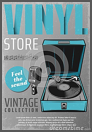 Vintage Colored Retro Music Store Poster Vector Illustration