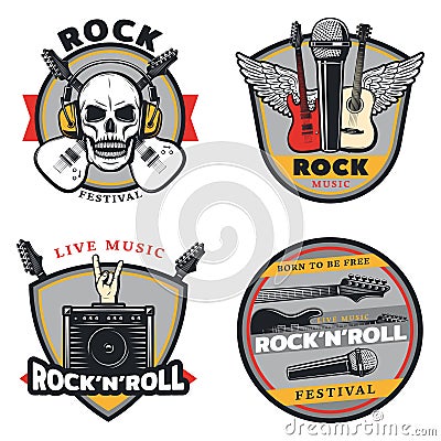 Vintage Colored Rock Music Emblems Set Vector Illustration