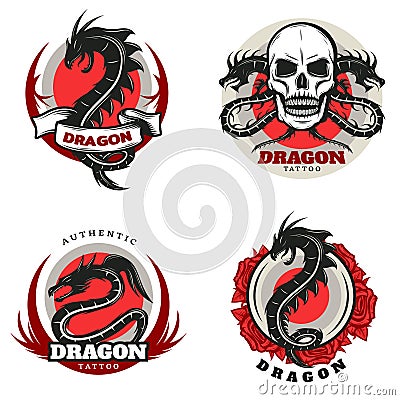 Vintage Colored Tattoo Dragon Emblems Set Vector Illustration