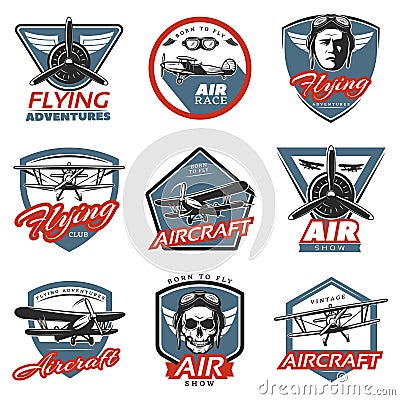 Vintage Colorful Aircraft Logos Vector Illustration