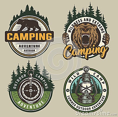 Vintage colorful camping badges Vector Illustration