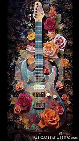 Vintage Colorful Gothic Guitar with Flowers. Stock Photo