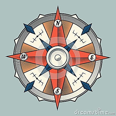 Vintage colorful graphic compass isolated on light background. Vector Illustration