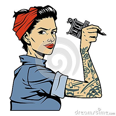 Vintage attractive tattooist pin up girl Vector Illustration