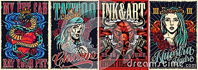 Vintage colorful tattoo conventions posters Vector Illustration