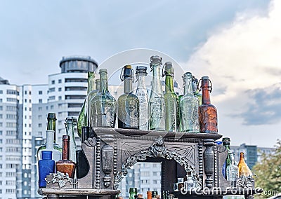 Vintage colorful various bottles from under drinks as souvenirs for tourists Editorial Stock Photo