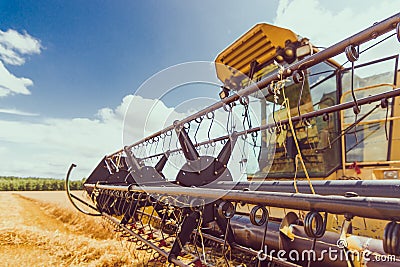 Vintage combine harvester working on oat field in summer Stock Photo