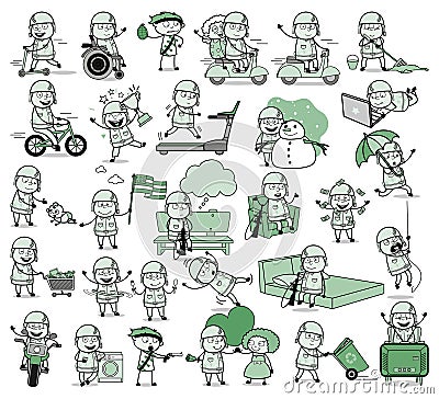 Vintage Comic Army Man Characters - Set of Concepts Vector illustrations Cartoon Illustration