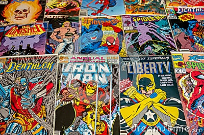 Vintage comic book collection showing comic book covers Editorial Stock Photo