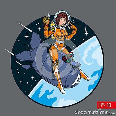 A vintage comic style pin-up girl in space suit and helmet riding a atomic bomb. Vector illustration Vector Illustration