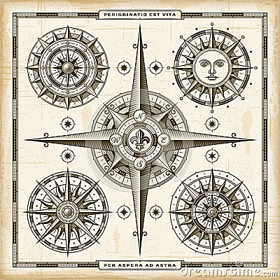 Vintage Compass Roses Set Vector Illustration