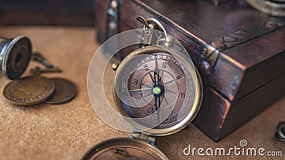 Vintage Compass With Treasure Box Stock Photo