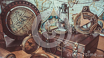 Vintage Compass Wooden Treasure Box Lamp Lighting And Globe Model Old Pirate Collection Photos Stock Photo