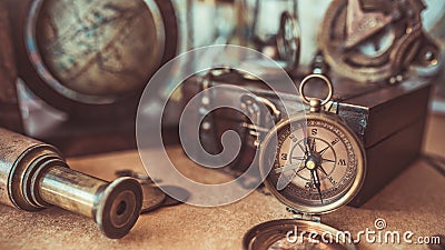 Vintage Compass, Wooden Treasure Box, Telescope Old Collection Photos Stock Photo