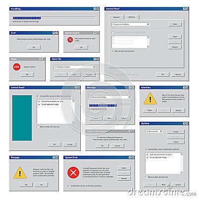 Vintage computer windows. Desktop interface retro user frames pop up boxes internet explorer blank windows garish vector Vector Illustration