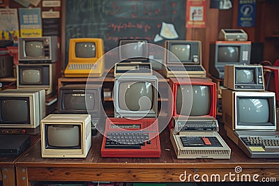 Vintage computers and tvs collection on display Stock Photo