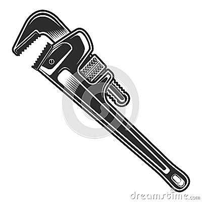Vintage construction wrench for gas and builder plumbing pipe or body shop mechanic spanner repair tool in monochrome style Vector Illustration