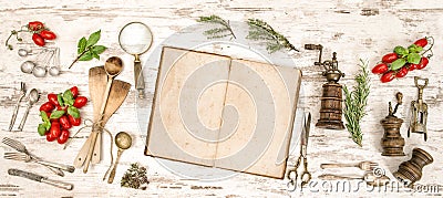 Vintage cookbook, vegetables and herbs. Flat lay Stock Photo