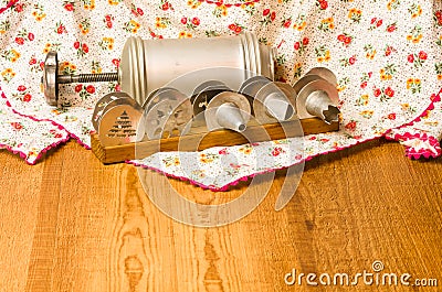 Vintage cookie press on wooden table Stock Photo