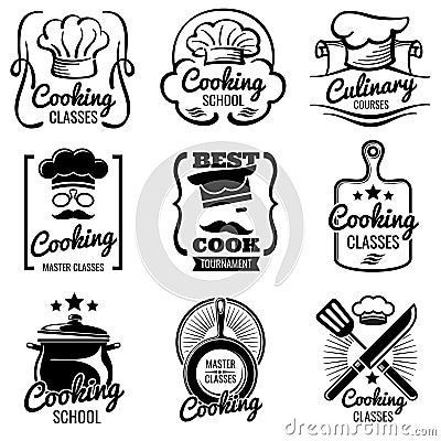 Vintage cooking in kitchen classes vector silhouette labels. Cook workshop emblems. Gourmet logos Vector Illustration