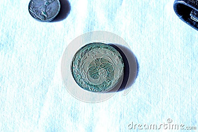 Vintage copper and silver russian coin on white background Stock Photo