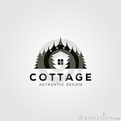 Vintage cottage logo vector design with pine tree symbol illustration Vector Illustration