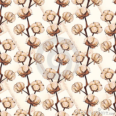 Vintage cotton flower plant sepia sketch seamless pattern texture background Stock Photo