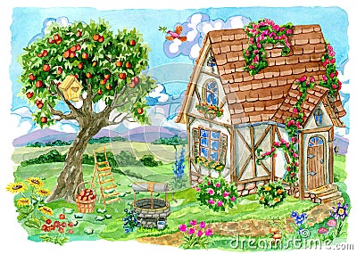 Fachwerk cottage house with apple tree, old well, garden objects and bird Cartoon Illustration