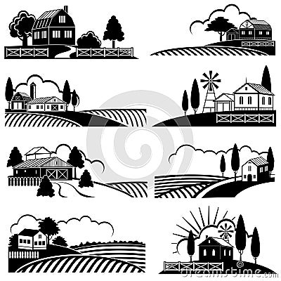 Vintage countryside landscape with farm scene. Vector backgrounds in woodcut style Vector Illustration