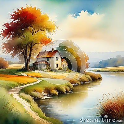 Vintage Countryside Landscape With and Rivers and Old Oil and Watercolor Cartoon Illustration