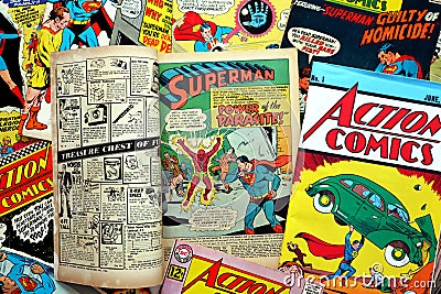 Vintage Covers of ACTION COMICS - DC Comics. American Comic book with Superman and Supergirl the first major superhero characters Editorial Stock Photo