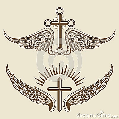 Vintage cross and wings vector elements Vector Illustration