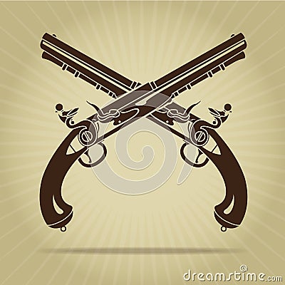 Vintage Crossed Flintlock Pistols Silhouette Vector Illustration