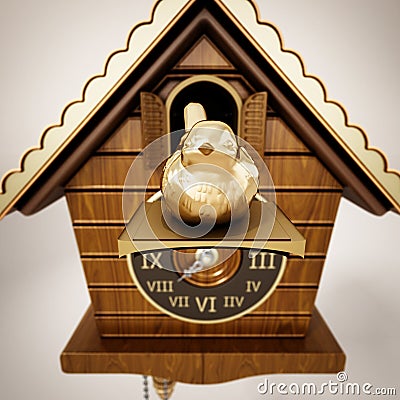 Vintage cuckoo clock with the golden bird chirping. 3D illustration Cartoon Illustration