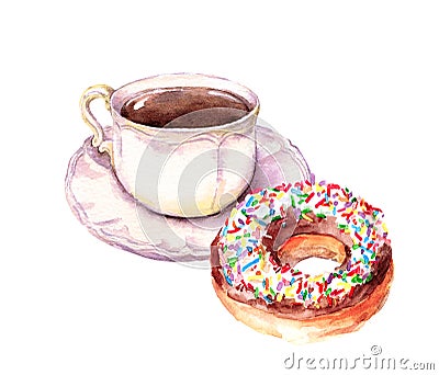 Vintage cup of coffee, donut cake. Watercolor Stock Photo