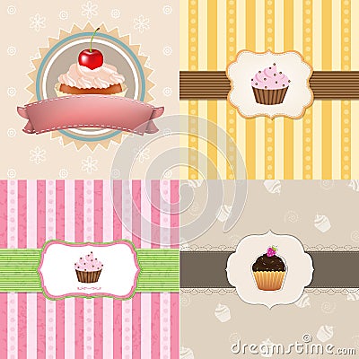 Vintage Cupcake Cards Set Vector Illustration