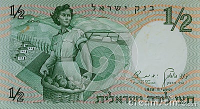 Vintage 1958 Currency of Israel: Half Lira Woman Soldier Editorial Stock Photo