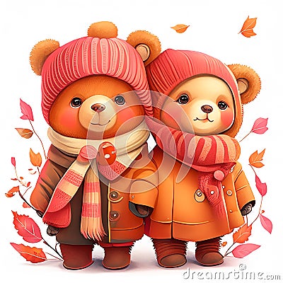 Vintage cute couple baby teddy bear,smile happy in romantic autumn Stock Photo