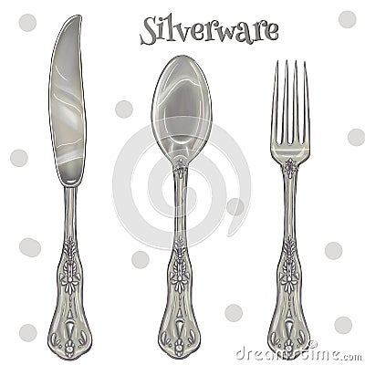 Vintage cutlery, elegant silvery illustration Stock Photo