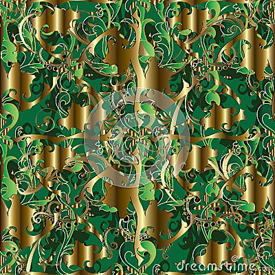 Vintage 3d Baroque seamless pattern. Vector ornamental interesting gold background. Green leaves, swirls, dots, flowers, line Vector Illustration
