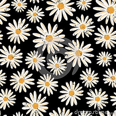 Vintage Daisy flowers seamless vector pattern. Distressed white Chamomile flowers on black background. Contemporary Vector Illustration