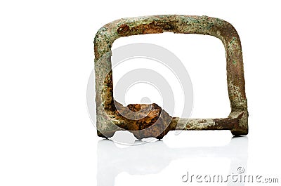 Vintage and damaged strap, buckle on white. Stock Photo